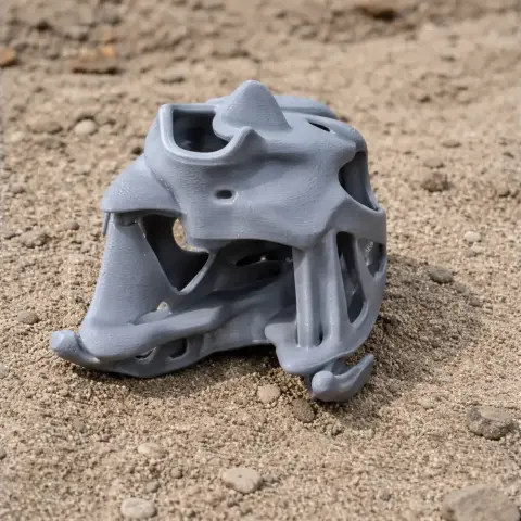 3D-printed Dianchungosaurus skull replica in gray plastic, resting on sandy ground.