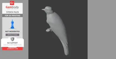 3D model of a bird perched with detailed feathers, designed for 3D printing.