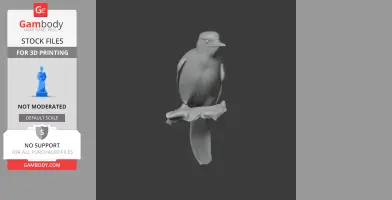 3D model of a bird perched on a branch, designed for 3D printing.