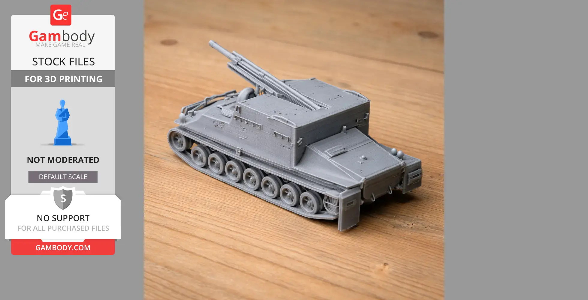 3D-printed model of an armored personnel carrier with tracks and a mounted cannon.