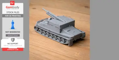3D-printed model of an armored personnel carrier with tracks and a mounted cannon.