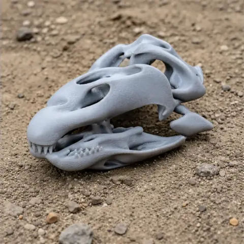 3D printed dinosaur skull replica on sandy terrain.