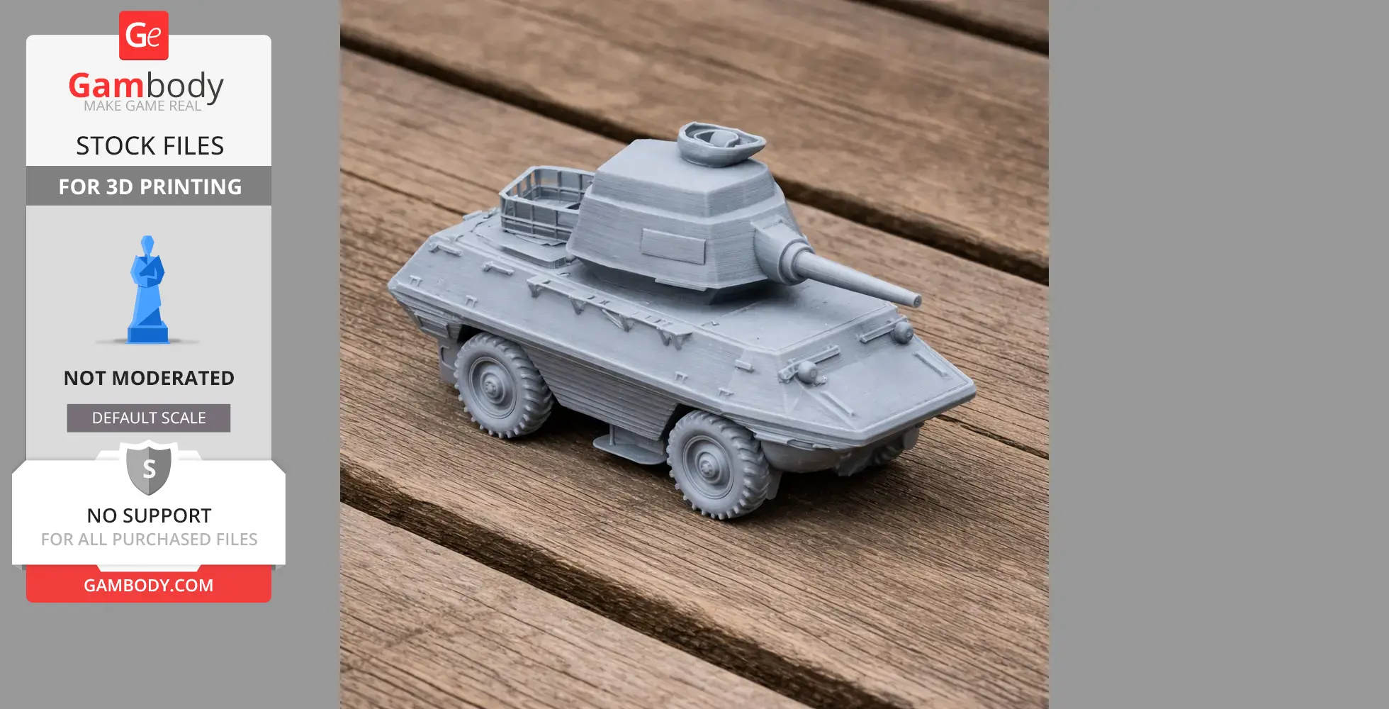 Gray 3D print model of an armored personnel carrier on wooden surface.
