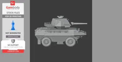 A detailed 3D model of an armored personnel carrier with turret and wheels, designed for 3D printing.