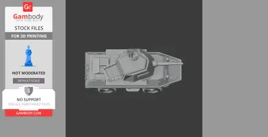 3D model of an armored personnel carrier viewed from above, featuring a turret and six wheels.
