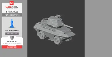 A 3D model of a wheeled armored personnel carrier (APC) tank with turret and cannon, ready for printing.