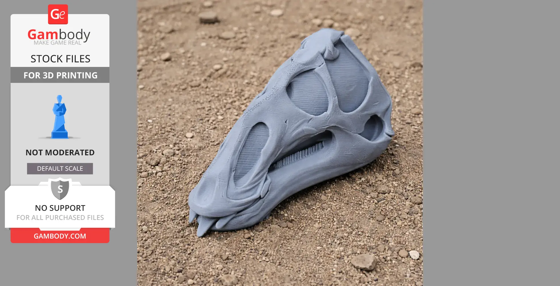 A 3D-printed Galesaurus skull replica, gray, on a textured soil surface.