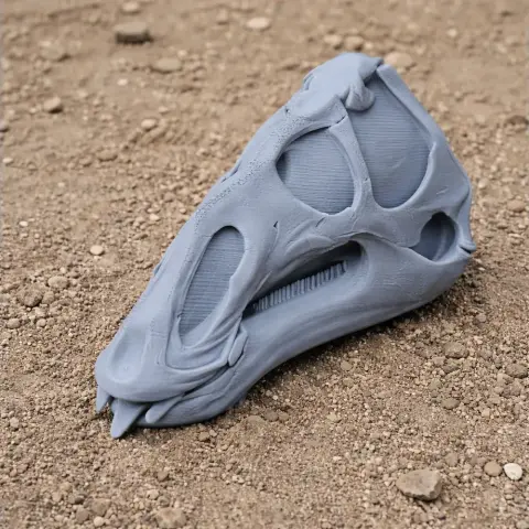 3D printed Galesaurus skull replica in gray, resting on gravelly ground.