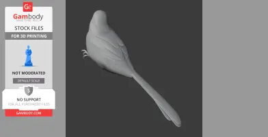 A 3D model of a bird perched, viewed from behind, with detailed feathers and a long tail.