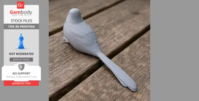Gray 3D-printed bird model resting on wooden planks, with detailed feathers and long tail.