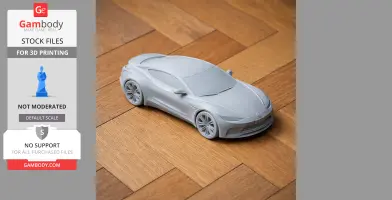3D-printed Buick Avista model on a wooden floor, sleek design, no color.