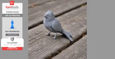 Gray 3D-printed bird model with detailed feathers on a wooden surface.