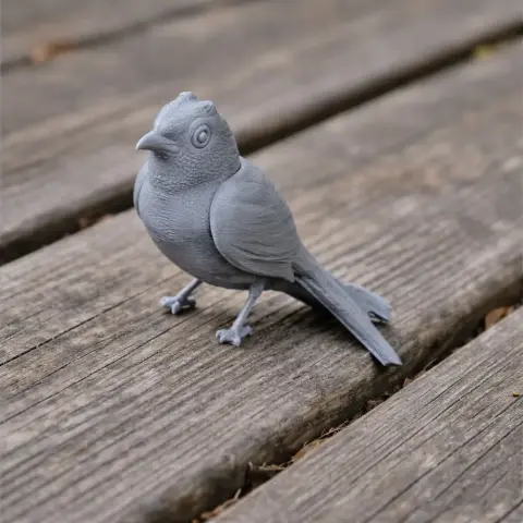 3D-printed model of a bird with detailed feathers and tail, posed on a wooden surface.