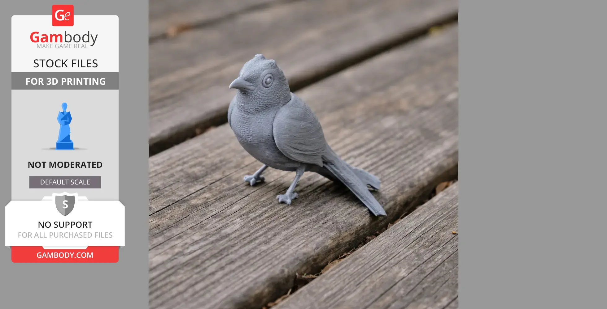 Gray 3D-printed bird model with detailed feathers on a wooden surface.