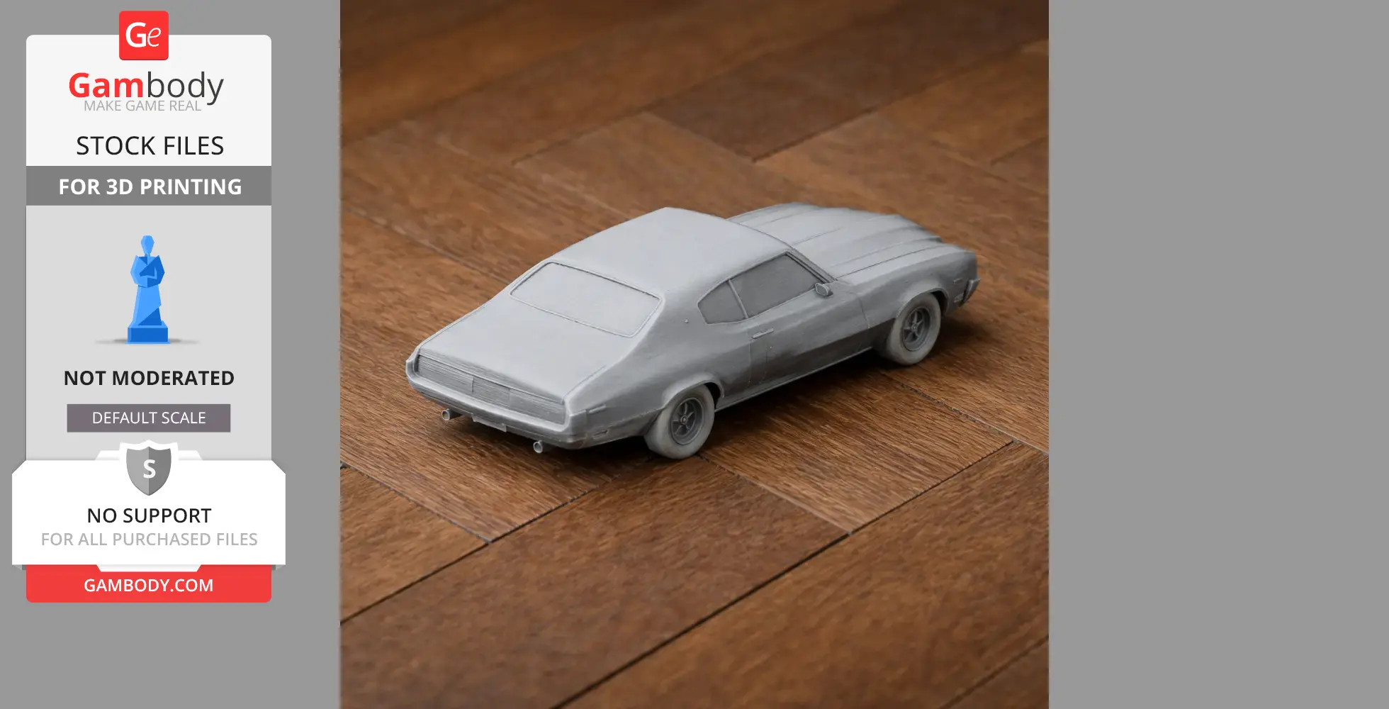 3D printed model of a Buick Skylark car on a wooden floor.