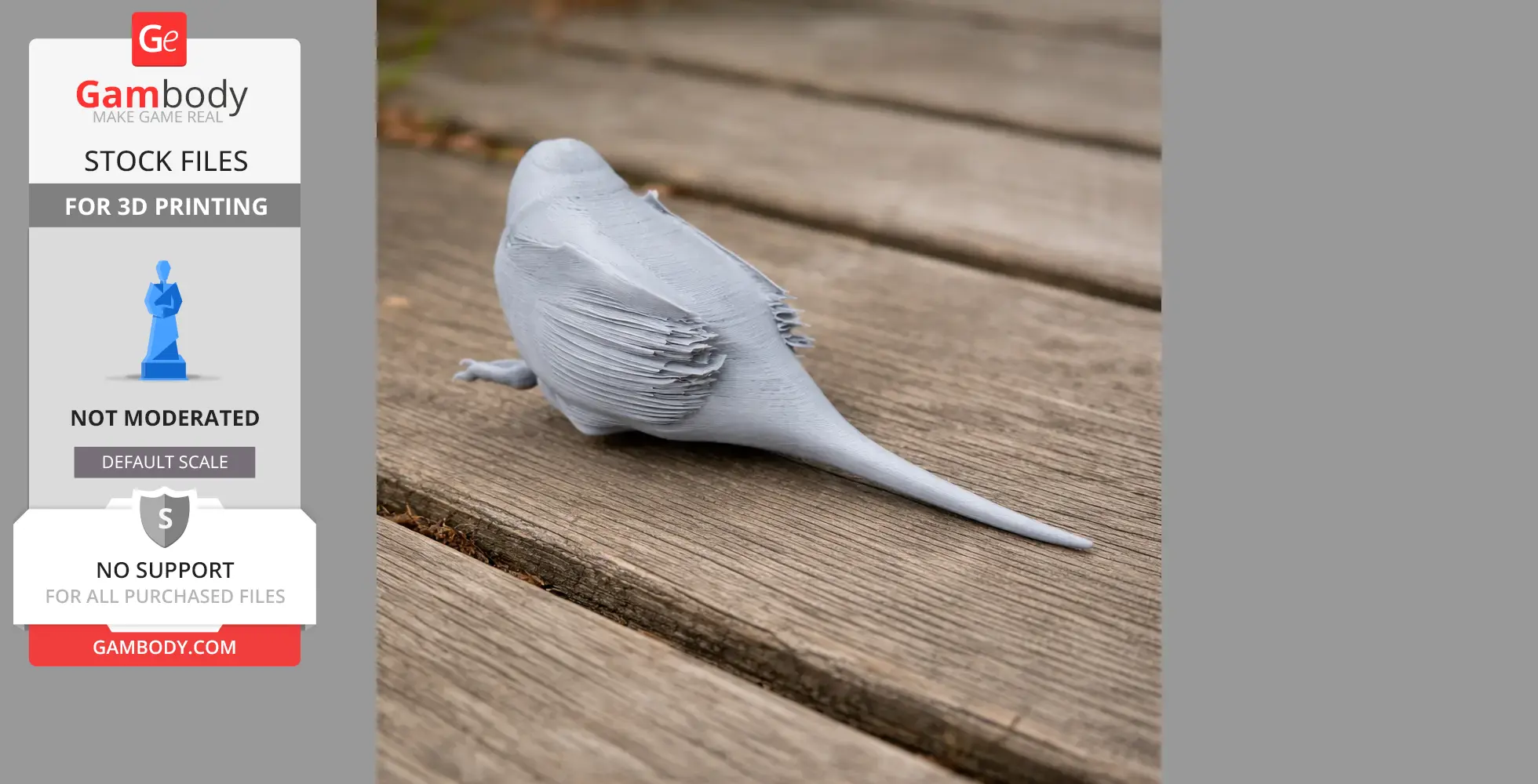 A 3D printed model of a prehistoric bird with detailed feathers, sitting on a wooden surface.
