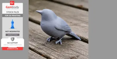 Gray 3D printed model of a bird, resembling an Apurimac brushfinch, on a wooden surface.