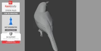 3D model of a bird perched, showcasing detailed feathers and form, designed for 3D printing.