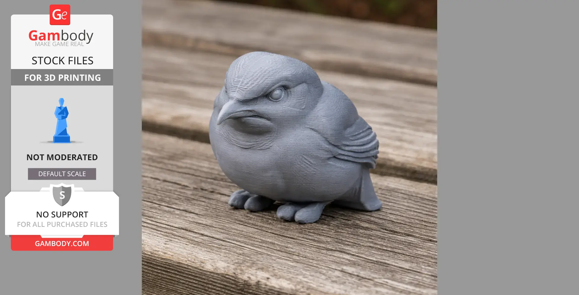 A 3D-printed model of a round, stylized bird with detailed features on a wooden surface.