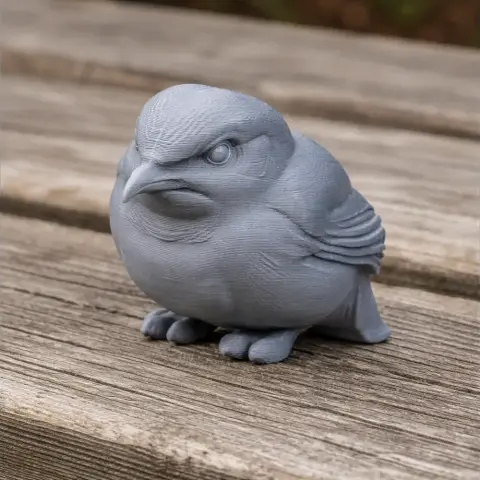 3D model of a round, stylized bird with detailed feathers, perched on a wooden surface.