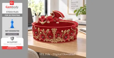 Red dragon planter with poppy decorations, designed for 3D printing, on a wooden desk.