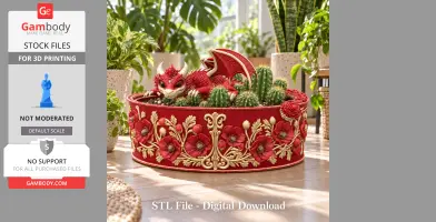 Red dragon planter adorned with poppies and holding small cacti on an intricate patterned base.