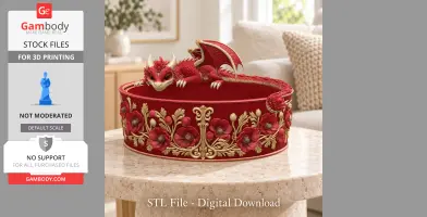 Red dragon-shaped planter adorned with intricate poppy flower motifs in gold accents.