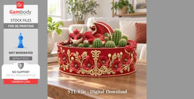 Red dragon-shaped planter adorned with gold-accented poppy flowers, holding small cacti.