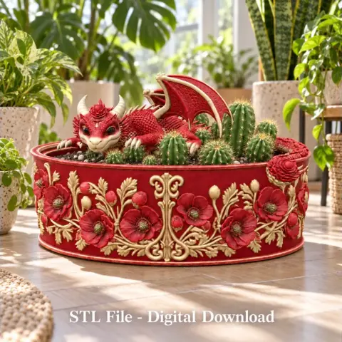 Red dragon-shaped planter with intricate poppy flower designs, holding small cacti.