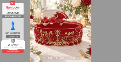 Red dragon lying on an ornate, floral-embellished planter. Perfect for 3D printing.