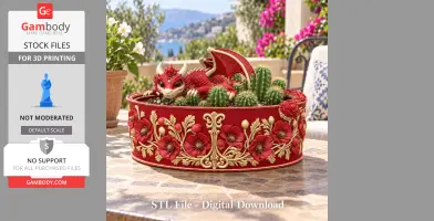 Red dragon-themed planter with gold poppy designs, featuring a playful dragon atop cacti.
