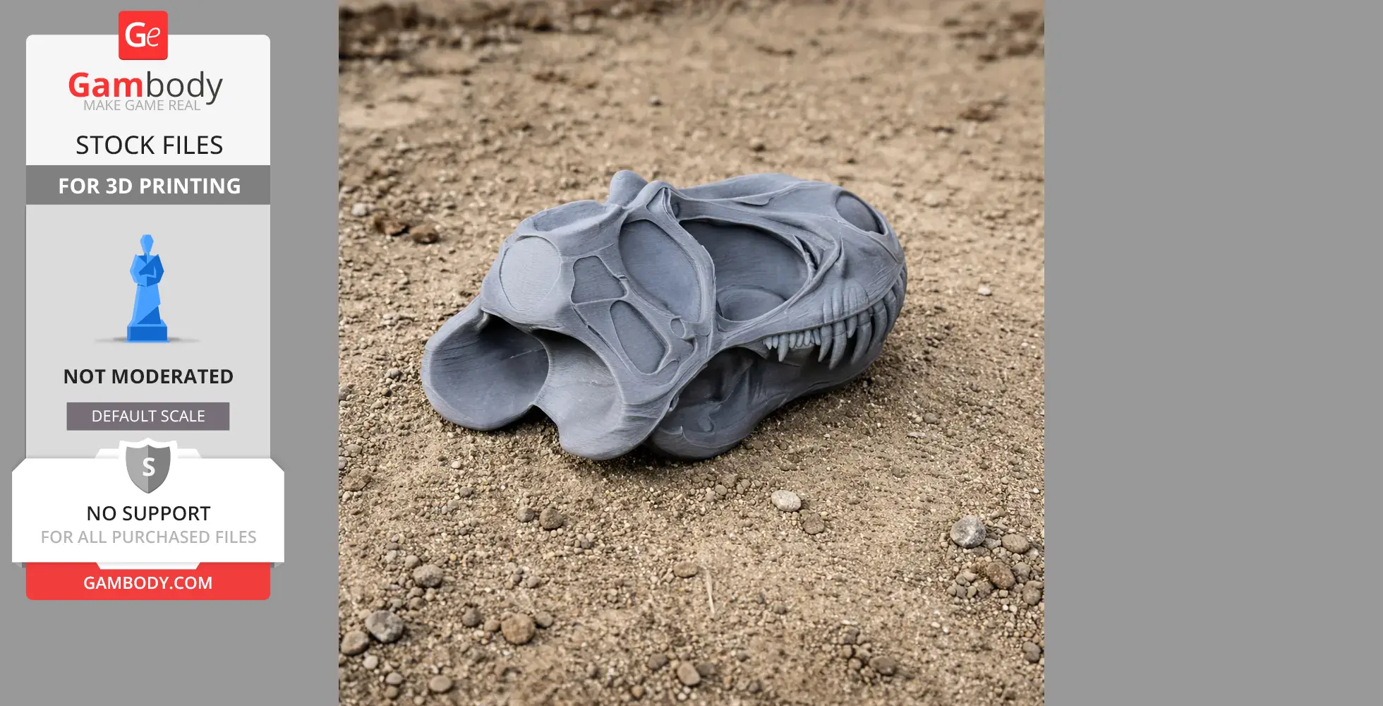 Gray 3D-printed dinosaur skull model resting on sandy ground.