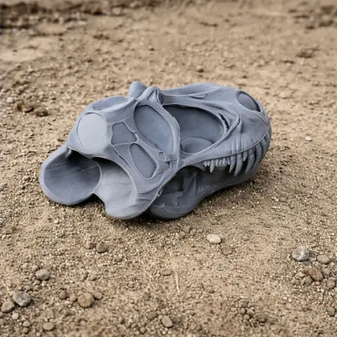 3D-printed Galvesaurus skull replica resting on a sandy surface.