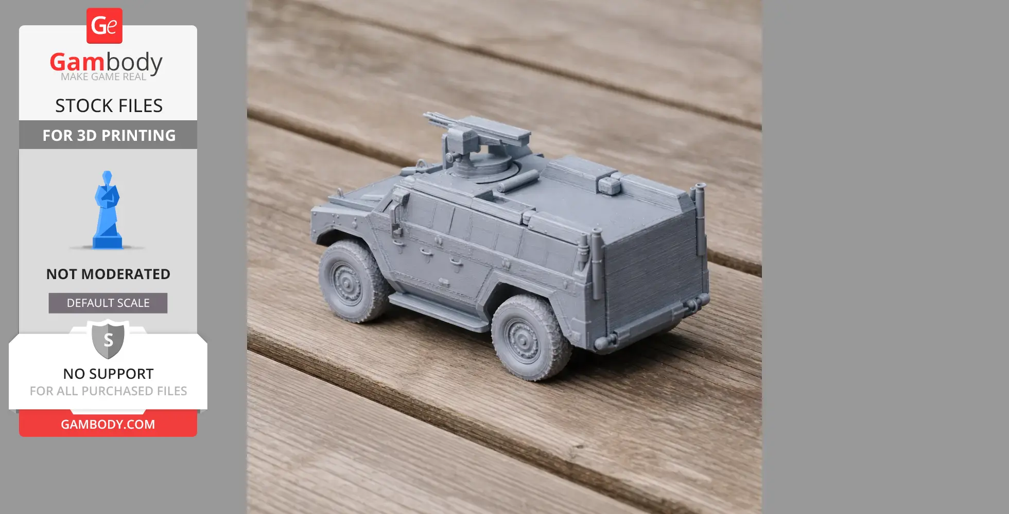3D-printed model of a gray armored military vehicle with mounted turret on a wooden surface.
