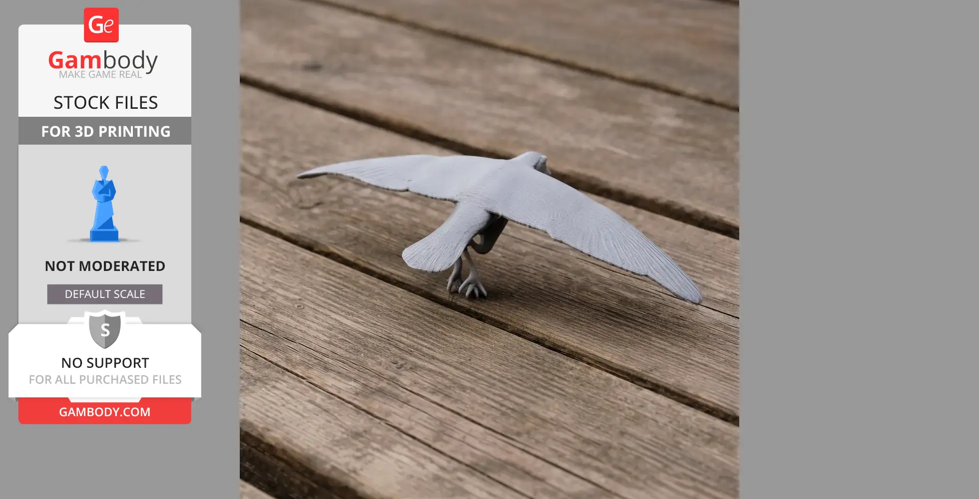 Gray 3D-printed model of an Antarctic prion bird in flight, displayed on wooden planks.