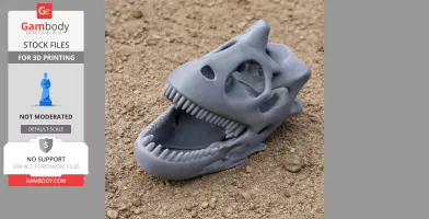 3D-printed Genyodectes skull replica with open mouth displayed on a sandy surface.