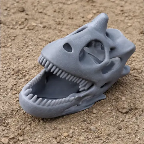 3D printed gray dinosaur skull model on a sandy surface.