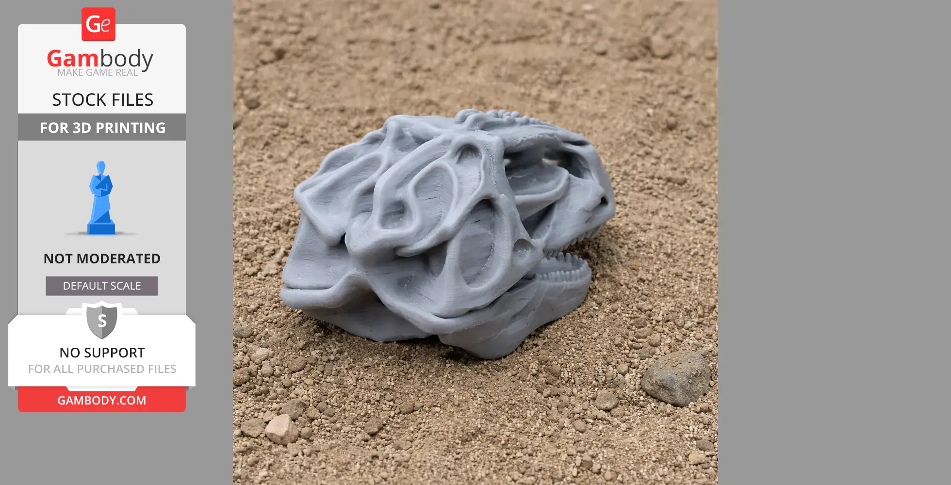 A 3D printed Gigantosaurus skull replica on a sandy surface.
