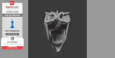 Front view of a 3D model of a Gigantosaurus skull, with detailed teeth and open jaws.