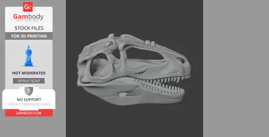 3D model of a detailed Gigantosaurus skull replica, showcasing teeth and intricate bone structure.