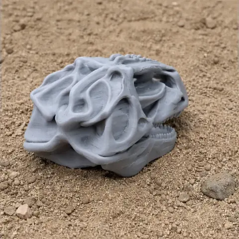 3D printed gray Gigantosaurus skull model resting on a sandy surface.