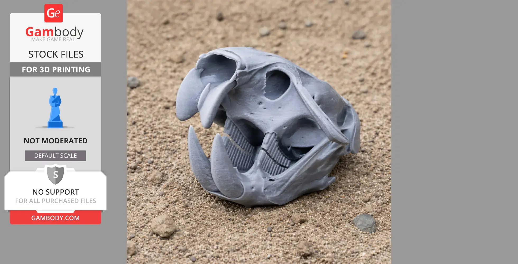3D-printed Gobisaurus skull replica on a sandy surface.