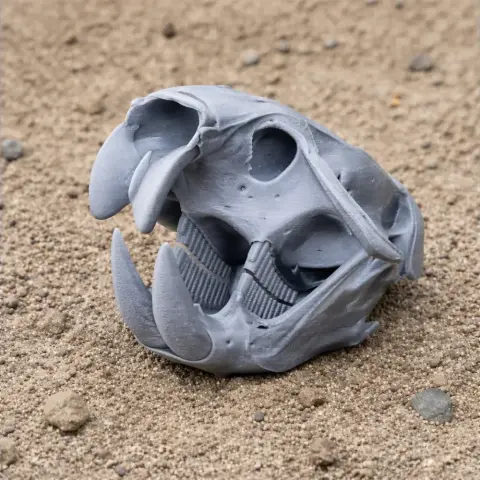 3D printed Gobisaurus skull replica resting on sandy ground.
