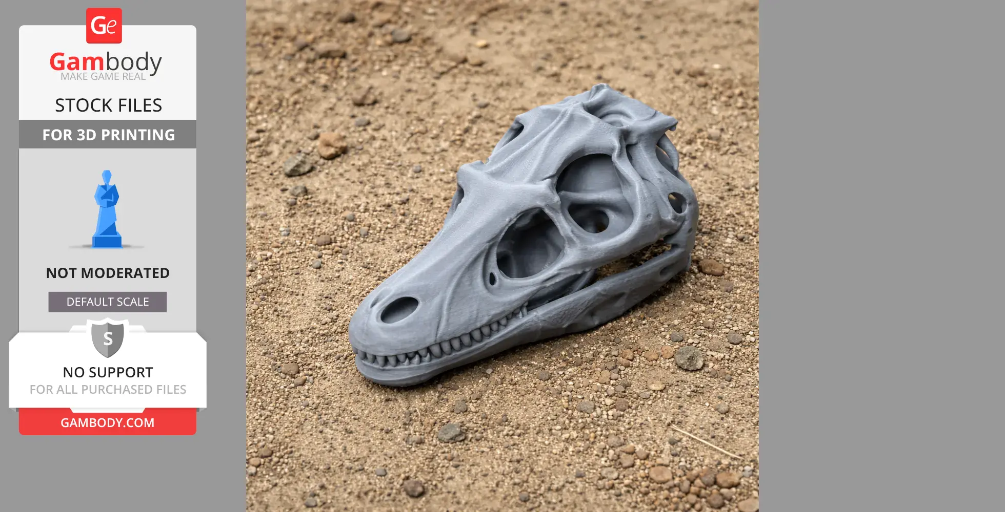 Gray 3D-printed Hadrosaurus skull replica resting on a textured sandy surface.