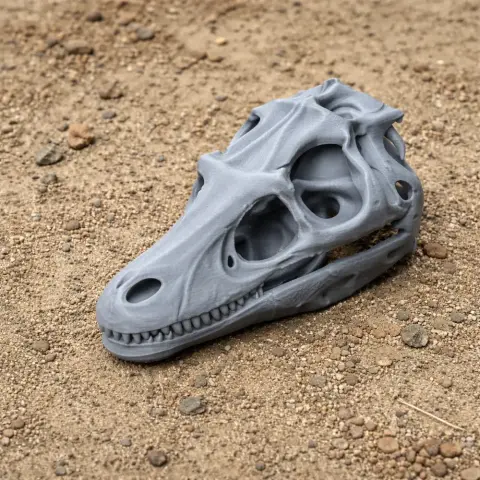 3D-printed Hadrosaurus skull replica resting on textured ground.