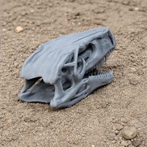 3D-printed gray Herrerasaurus skull replica resting on textured dirt.