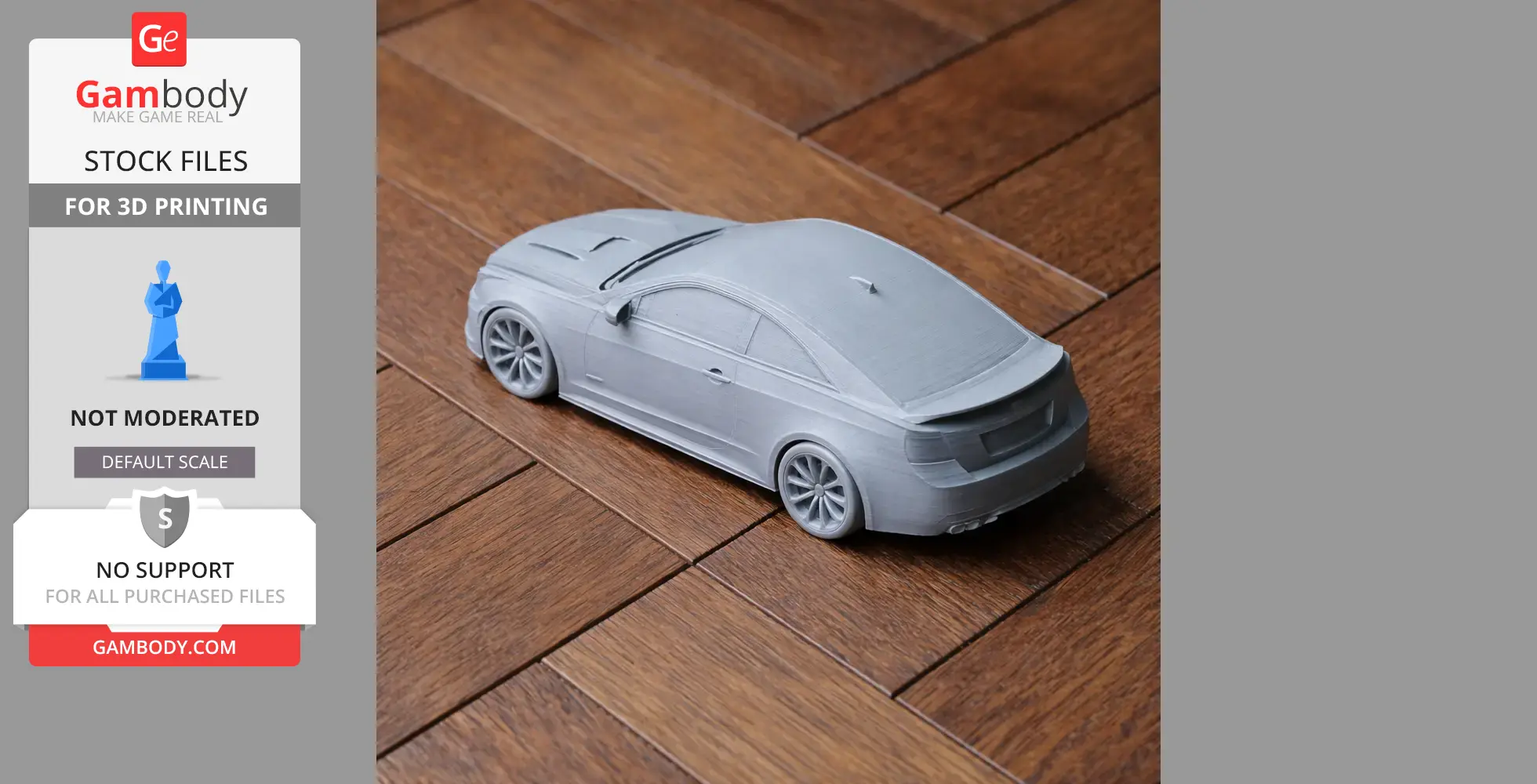 A 3D printed model of a Cadillac ATS-V, shown on a wooden surface.