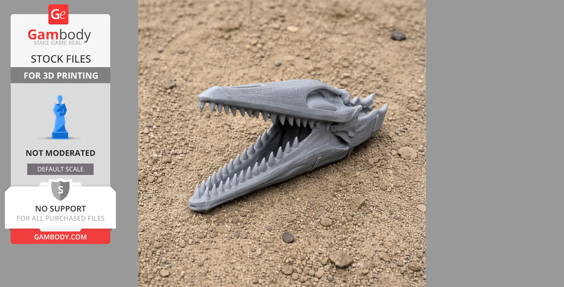 3D-printed Hironosaurus skull replica with sharp teeth, displayed on a sandy surface.