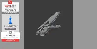 Dinosaur skull 3D model with sharp teeth, open jaw, and elongated snout, ideal for 3D printing.