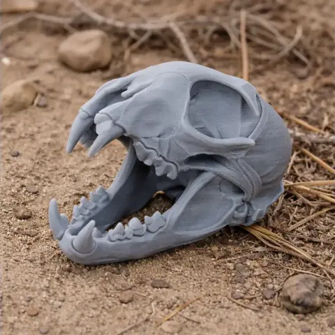 3D-printed Iberian lynx skull replica resting on a sandy surface.